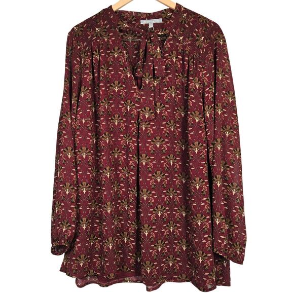 Daniel Rainn Long Sleeve Flowy Tie Neck Floral Blouse Burgundy 3X NWT - Picture 1 of 8